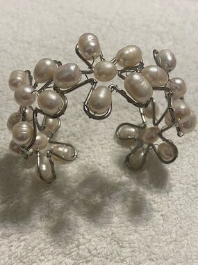 Freshwater Pearl Wire Cuff Bracelet in White Pearls
